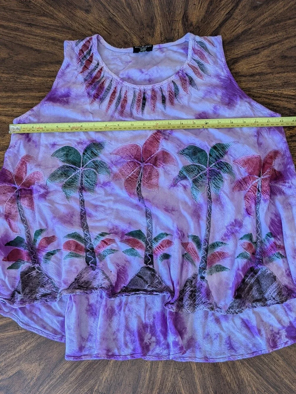 Vintage Pink & Purple Tie Dye Palm Tree Embroidered Flowy Sleeveless Shirt, OS - Picture 8 of 12